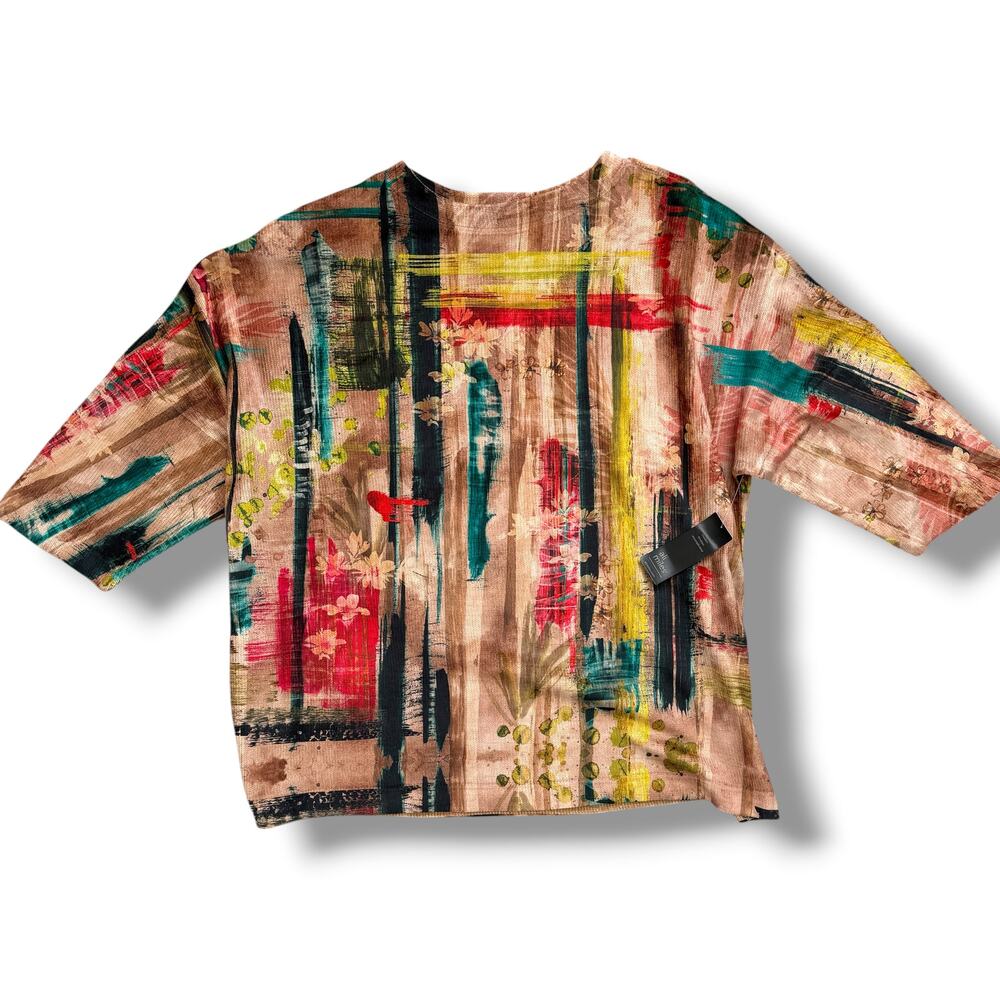 Ali Miles Abstract Print Textured Shirt Womens Plus Sz 2X Dolman 3/4 Sleeve